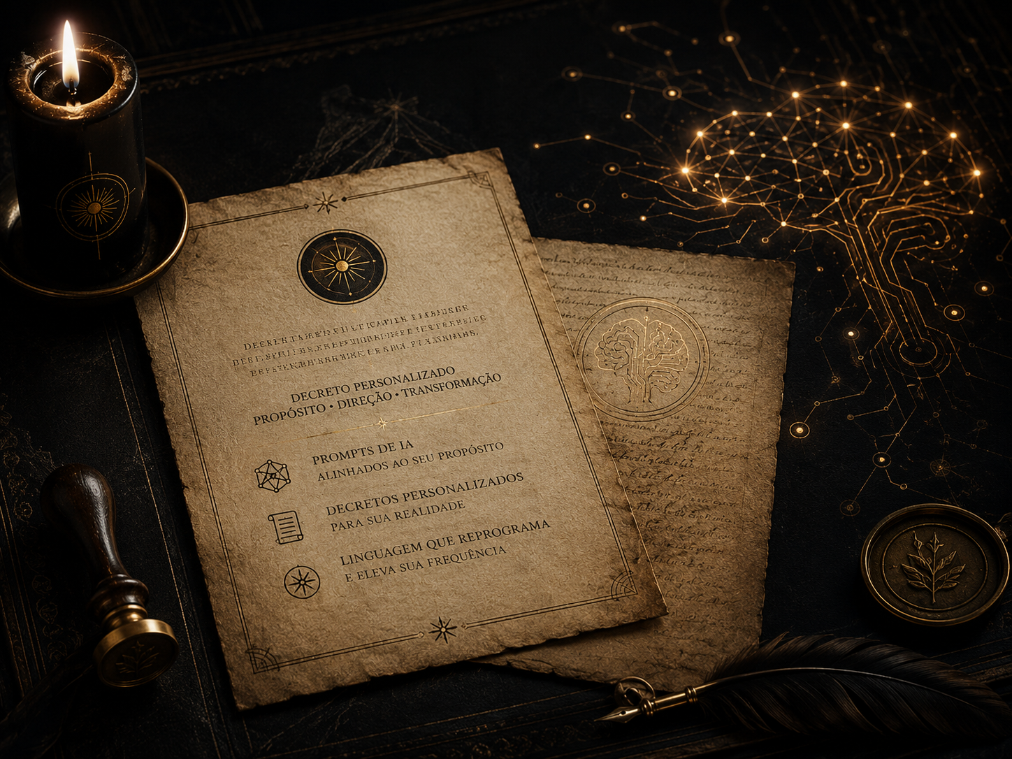 Pergaminho de decreto personalizado ao lado de vela e selo