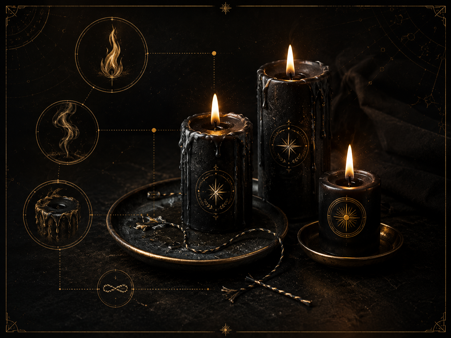 Três velas pretas acesas com diagramas de sinais — chama, fumaça, cera e fio